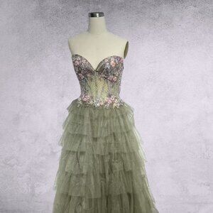 NFS Maxi Evening Floral Dress w/ Sweetheart Neckline & Lace Up Back AC 4060